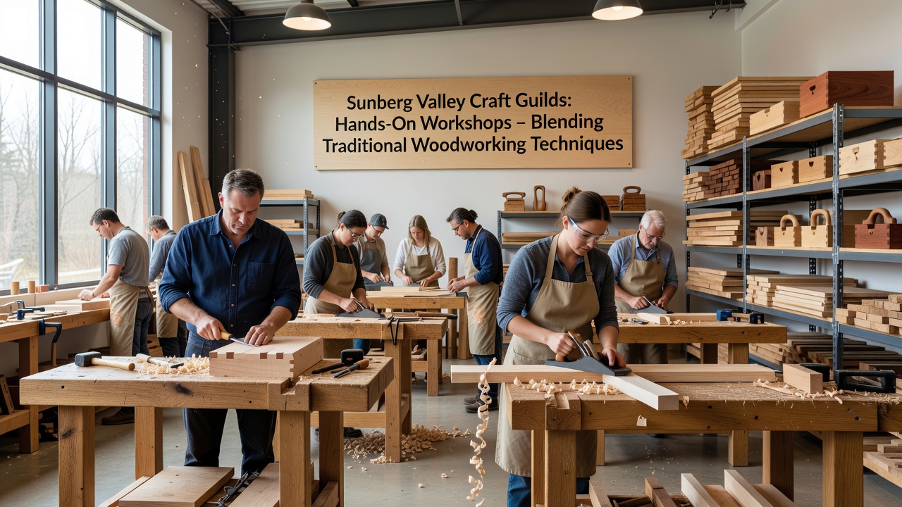 Close-up of an apprentice measuring a wooden joint while referencing a digital design model on a nearby screen in Sunberg Valley