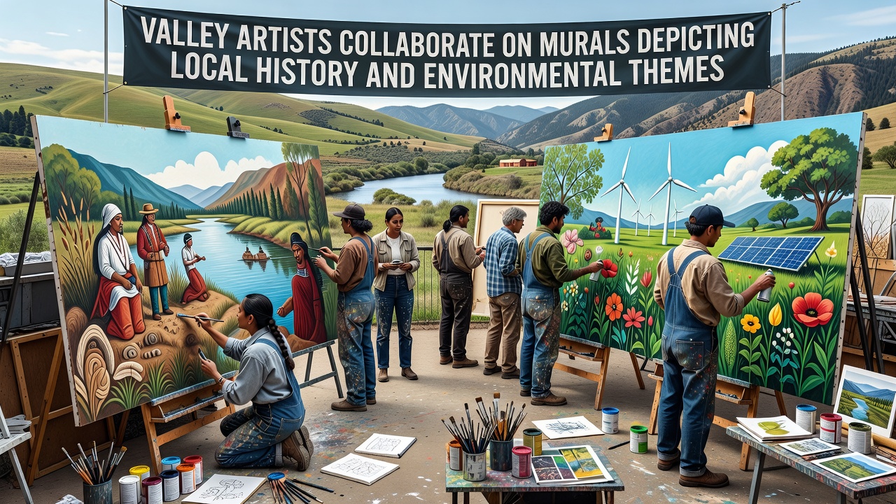 Close-up view of a completed mural section showing layered historical figures against a backdrop of changing environmental landscapes